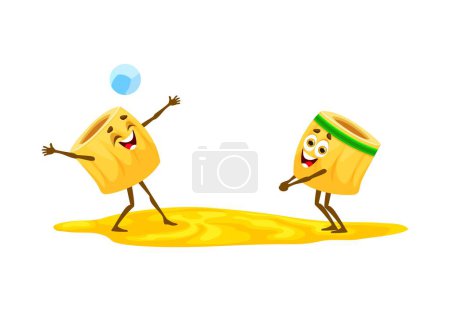 Illustration for Cartoon cheerful ditalini pasta characters playing beach volleyball on summer vacation. Vector noodles hitting ball at sandy court during spirited sports game, creating a playful seaside spectacle - Royalty Free Image