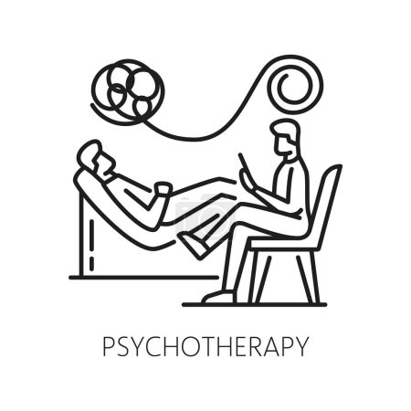 Illustration for Psychotherapy, mental health icon. Human psychology, mental disorder problem and psychotherapy help thin line vector icon or pictogram with patient and doctor having conversation on therapy session - Royalty Free Image