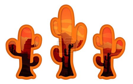 Téléchargez les illustrations : Paysage désertique mexicain avec silhouettes de cactus coupées en papier. Autocollants ou insignes vectoriels isolés en papier de motif mexicain ou Far West avec silhouettes de cactus désertiques, montagnes de canyon et ciel couchant - en licence libre de droit