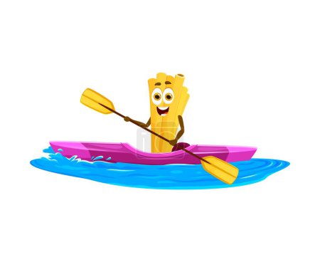 Téléchargez les illustrations : Cartoon joyeux personnage Bucatini pâtes pagaie un kayak sous le soleil lors d'une aventure de vacances d'été. Vecteur isolé personnage drôle de nouilles appréciant les loisirs de plage et les sports nautiques sur les vagues de la mer - en licence libre de droit