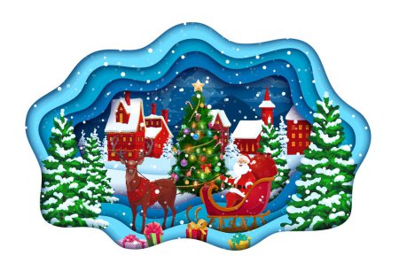Téléchargez les illustrations : Bannière de papier de Noël. Père Noël en traîneau en ville d'hiver. Cadre ondulé en couches vectoriel 3d avec Père Noel amusant assis dans le traîneau de cerf devant le pin décoré et les chalets à la veille de Noël - en licence libre de droit