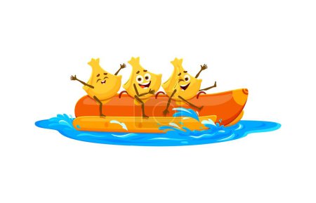 Illustration for Cartoon cheerful fagottini pasta characters riding inflatable banana boat relaxing on summer beach vacation. Isolated vector macaroni personages engage in extreme recreational water attraction - Royalty Free Image
