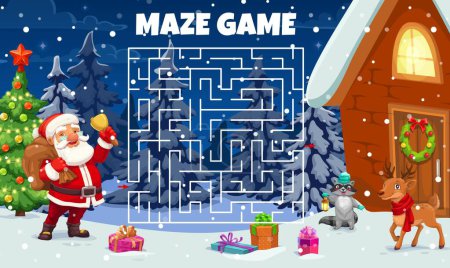 Illustration for Christmas labyrinth maze. Kids vector worksheet, board game help Santa Claus find correct way to house. Boardgame with cartoon Noel, pine tree, deer and tangled path. Educational children riddle - Royalty Free Image