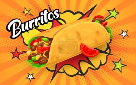 Illustration for Tex Mex Mexican burrito with retro comic halftone bubbles, vector food poster. Mexican cuisine fast food or restaurant menu with burrito wrap and chili pepper on halftone with cloud boom background - Royalty Free Image