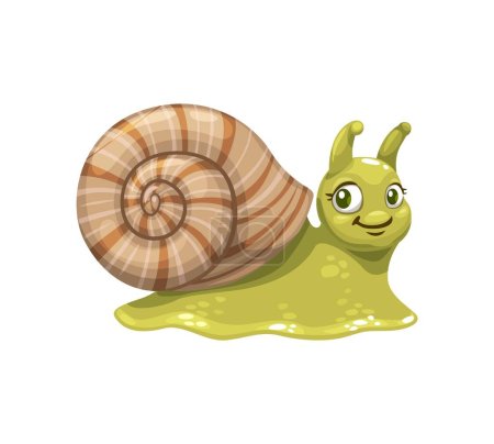 Illustration for Cartoon snail character, isolated vector funny cochlea or slug garden insect with cute cheerful smiling face, big eyes, gooey body and colorful spiral shell. Wild crawling creature, funny insect, pest - Royalty Free Image