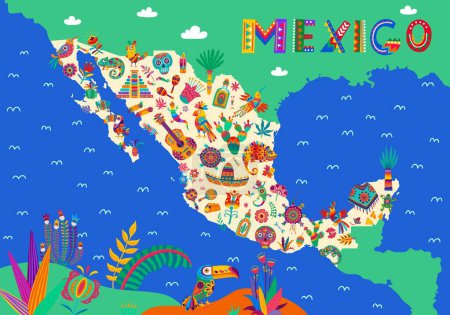 Illustration for Mexico map with national cuisine, animals, musical instruments, holiday items and flowers. Vector mexican fiesta and travel banner of Mexico country silhouette with sombrero, guitar, maracas, skulls - Royalty Free Image