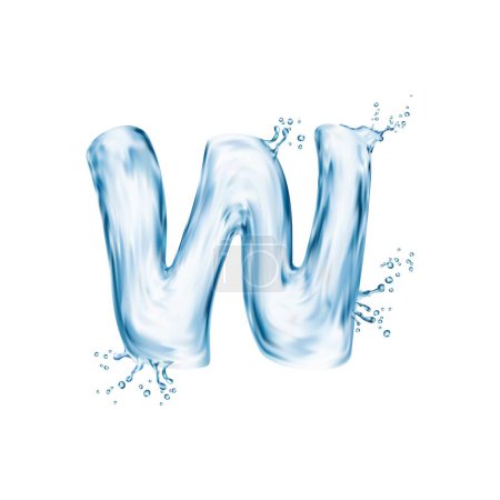 Ilustración de Fuente de agua realista, letra W tipo de salpicadura de flujo, tipo de agua líquida, alfabeto inglés húmedo transparente. El fluido vectorial aislado presenta líneas onduladas, capturando la esencia de la elegancia natural - Imagen libre de derechos