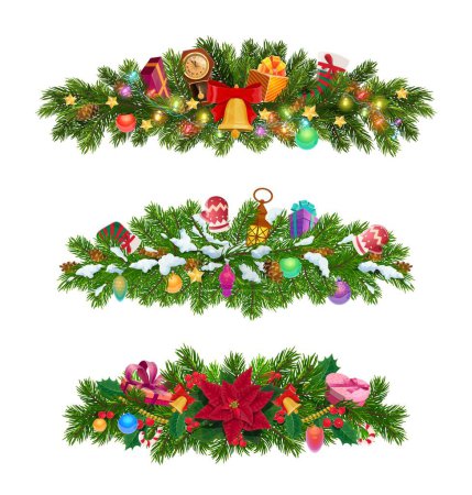 Illustration for Christmas fir branches, isolated vector evergreen pine tree needles arranged in pile decorated with Xmas baubles, ribbons, poinsettia, snow, sweets, socks and gifts. Decorative festive conifer branch - Royalty Free Image