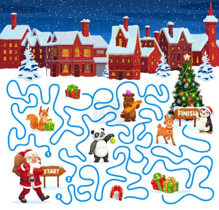 Illustration for Christmas labyrinth maze with holiday characters. Kids vector board game worksheet with Santa Claus, squirrel, panda, bear and deer or penguin with gifts near pine tree. Boardgame with tangled path - Royalty Free Image