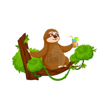 Illustration for Cartoon funny sloth character enjoys tranquil relax on a tree branch with cocktail glass in hand. Isolated vector serene and lazy tropical animal personage capturing the essence of leisure and comfort - Royalty Free Image