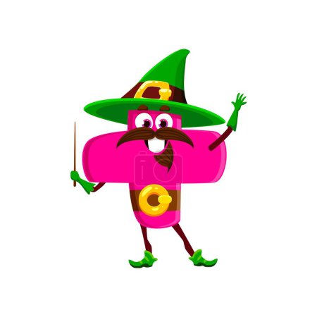 Illustration for Cartoon Halloween math number plus sign wizard character. Isolated vector cute mathematics and arithmetic symbol wear sorcerer hat casting educational spell with powerful its wand for teaching kids - Royalty Free Image