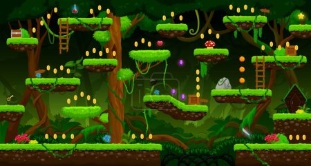 Arcade jungle rain, swamp or marsh game level map interface with platforms and coins, vector template. Jungle forest lianas and flowers, stairs and trees with platform ladders for cartoon arcade game