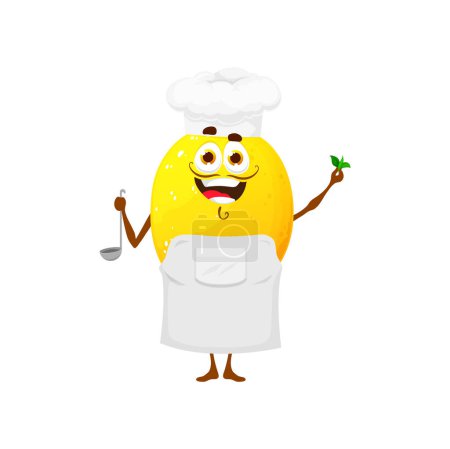 Téléchargez les illustrations : Cartoon chef citron caractère tenant ustensiles de cuisine. Personnage d'agrumes vecteur isolé souriant, portant un chapeau et un tablier de chef, tenant des ingrédients de verdure frais, cuisiner de délicieux repas sur la cuisine - en licence libre de droit