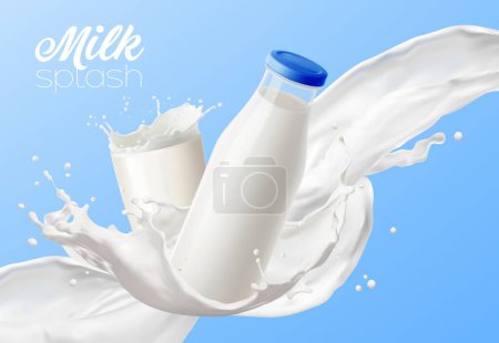 Milchflasche mit Wellenflussspritzer und Glasbecher, realistischer Vektor für Milchproduktverpackung. Frischmilch lange Welle von Verschütten oder Gießen mit Tropfen Explosion mit fliegender Glasflasche auf blauem Hintergrund