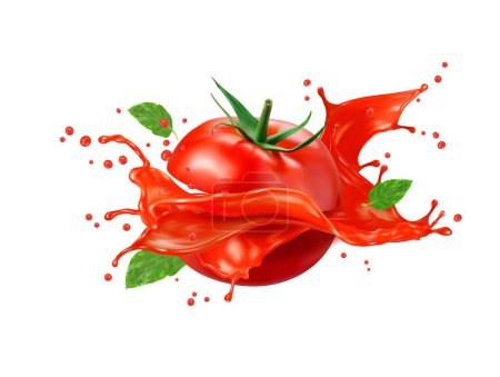 Téléchargez les illustrations : Jus de sauce tomate, élixir vibrant et salé à base de tomates mûres, d'herbes et d'épices. Vecteur 3D isolé et réaliste coupé en tranches de légumes, éclaboussures rouges et feuilles, parfait pour ajouter une saveur riche aux plats - en licence libre de droit