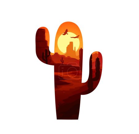 Téléchargez les illustrations : Double exposition de cactus et paysage désertique de l'ouest du Mexique. Silhouette vectorielle de cactus Saguaro avec désert de sable au coucher du soleil, fond naturel avec plantes succulentes, montagnes, soleil et oiseaux dans le ciel - en licence libre de droit