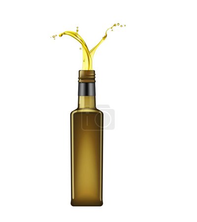 Illustration for Olive oil bottle with splashes. Pour olive oil. Isolated 3d vector realistic glass flask overflow with golden liquid, captured in the air, promising culinary excellence of Mediterranean indulgence - Royalty Free Image
