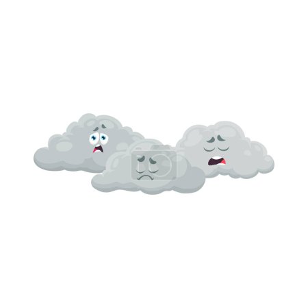 Illustration for Cartoon cloud weather characters. Vector fluffy grey clouds with sad and dull facial expression and unhappy eyes. Murk personages for climate app, bad rainy weather forecast, rain or stormy day - Royalty Free Image