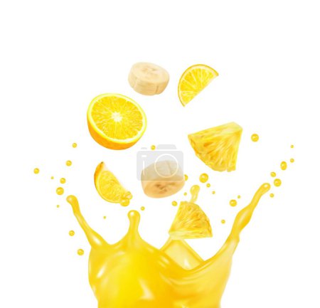 Illustration for Yellow fruit juice mix splash of orange, pineapple and banana slices, realistic isolated vector. Fruits falling in citrus juice drink with corona splash background for lemonade or tropical soda water - Royalty Free Image