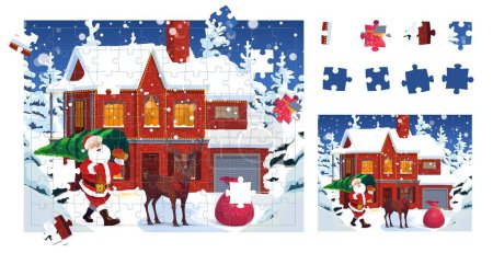 Ilustración de Jigsaw piezas del juego del rompecabezas, la casa de invierno de Navidad y Santa con renos y regalos, hoja de cálculo de vectores. Rompecabezas para niños para que coincida y se ajuste a las piezas de imagen adecuadas correctas con la ciudad de vacaciones de invierno - Imagen libre de derechos