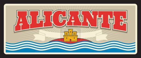 Illustration for Spain Alicante metal plate and tin sign, vector. Spain welcome road sign of Spanish community and region emblem flag with city tagline, sea waves and royal castle - Royalty Free Image