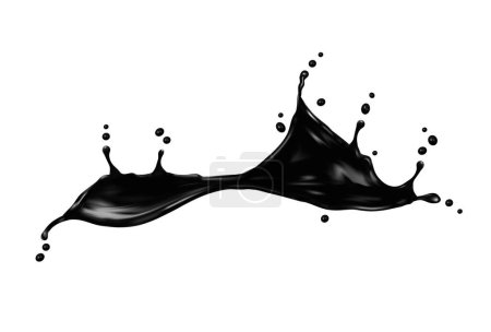 Illustration for Black oil wave splash, liquid ink swirl or petrol flow with drops splatter, vector background. Black oil or paint wave splash from spill pour with drips and droplets in long splashing swirl splatter - Royalty Free Image