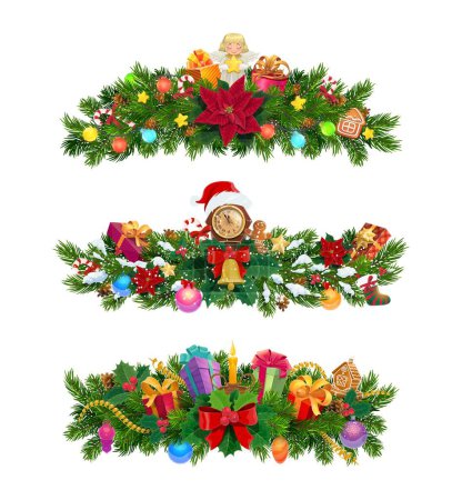 Illustration for Christmas fir branches, isolated vector green pine tree needles arranged in pile decorated with Xmas baubles, toys, ribbons, poinsettia flower and gift boxes. Festive decorative branches with garlands - Royalty Free Image