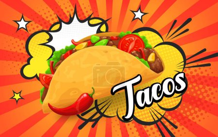 Téléchargez les illustrations : Tex Mex tacos mexicains sur rétro affiche de bulles de demi-tons comiques, fond vectoriel. Cuisine mexicaine fast food ou restaurant affiche menu avec taco et piment sur demi-ton affiche rétro avec boom nuage - en licence libre de droit