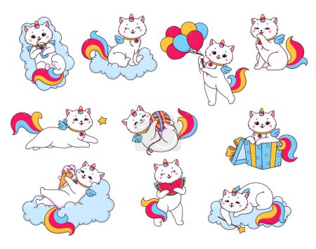 Ilustración de Lindos personajes de dibujos animados caticorn, divertidos gatito lindo gato unicornios, vector niños animales. Alegre arco iris caticorn kitty en la nube con globos en caja de regalo de cumpleaños con helado y varita mágica - Imagen libre de derechos
