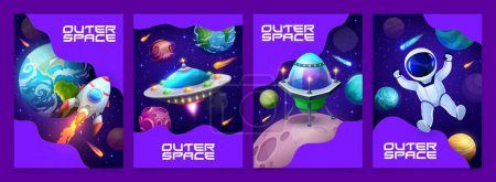 Illustration for Space posters, cartoon rocket launch from Earth, ufo saucer, astronaut and planets in galaxy. Vector backgrounds with spacecraft travel in Universe, explore cosmos and fantasy alien world with stars - Royalty Free Image