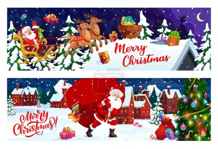 Illustration for Christmas holiday banners. Merry Xmas vector greeting cards with cartoon Santa Claus on deer sleigh at cottage roof and carry huge sack with gifts to decorated holiday pine tree in night snowy town - Royalty Free Image