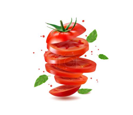 Téléchargez les illustrations : Tranches de tomates volantes réalistes aux feuilles vertes, vecteur isolé pour l'emballage alimentaire. Anneaux de tomates tranchés avec gouttes éclaboussures en mouvement pour le jus de tomate, la sauce ou le ketchup et l'emballage des produits végétaux - en licence libre de droit