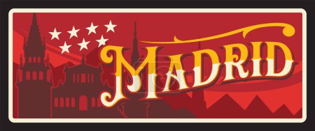 Illustration for Spain Madrid metal plate vector retro tin sign with city silhouette. Madrid automobile sign, vintage sticker. Spanish and Catalonia city welcome metal plate and signage and landmark tagline - Royalty Free Image