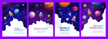 Illustration for Space landing page, cartoon rocket, astronaut and planets in galaxy. Vector background with spacecraft travel in Universe. Shuttle flying in alien world explore cosmos with stars and white smoke frame - Royalty Free Image
