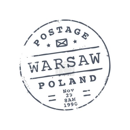 Ilustración de Varsovia Polonia matasellos, correo postal sello redondo, matasellos de tinta con signo de carta. Impresión vectorial en postal, insignia de entrega de correo de la UE, correo internacional - Imagen libre de derechos