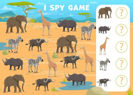 Téléchargez les illustrations : J'espionne la feuille de calcul du jeu avec des animaux safari savane africaine, quiz vectoriel enfants. Safari africain animaux de dessin animé, zèbre avec éléphant, rhinocéros et buffle, puzzle quiz pour trouver et correspondre image similaire - en licence libre de droit