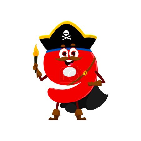 Ilustración de Dibujos animados divertido número 9 pirata o personaje de corsario en sombrero de tricornio con antorcha, vector aislado. Número nueve en traje de pirata o filibustero marino y bucanero en sombrero de pirata para niños matemáticas - Imagen libre de derechos
