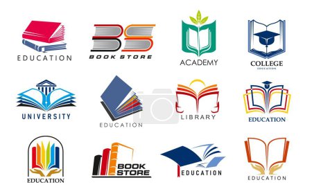 Illustration for Education book icons, library, store or dictionary books of academy and university college vector symbols. Education book icons with student graduation cap and textbook with open pages and bookmark - Royalty Free Image