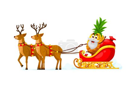 Téléchargez les illustrations : Noël vacances ananas Santa personnage de dessin animé. Personnage vecteur de fruits d'ananas mignon offrant des cadeaux de Noël et des cadeaux avec traîneau du Père Noël, rennes, cloches de Noël et sac rouge festif - en licence libre de droit