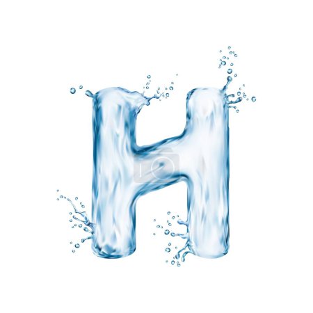 Ilustración de Letra de fuente de agua realista H, tipo de salpicadura de flujo, tipo de agua líquida, alfabeto inglés húmedo transparente. Carácter líquido en mayúsculas aislado del vector 3d, con ondulación fluida, reflejos, y movimiento - Imagen libre de derechos