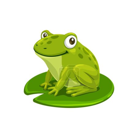 Illustration for Adorable cartoon frog character sitting on water lilly leaf. Isolated vector amphibian animal, kids personage with round eyes and a contagious grin. Its green skin and posture exude charm and whimsy - Royalty Free Image