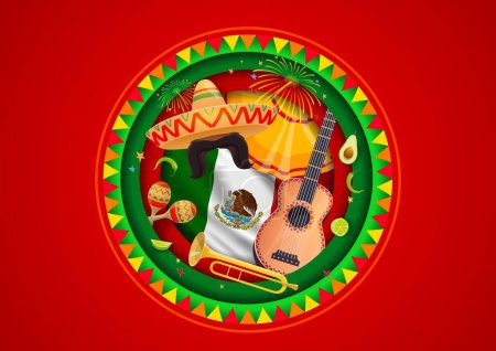 Ilustración de Banner de corte de papel del Día de la Independencia Mexicana para vacaciones con sombrero y guitarra, fondo vectorial. Bandera de México con maracas, trompeta de mariachi y chile jalapeño para el Día de la Independencia de México - Imagen libre de derechos