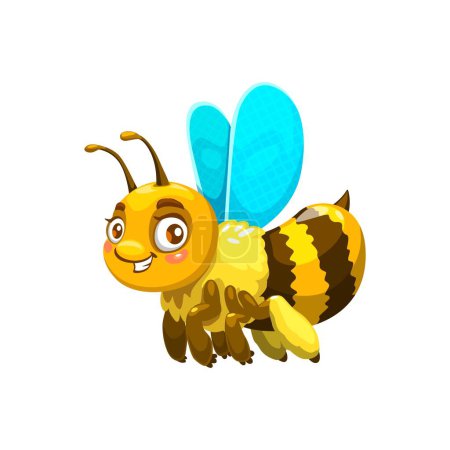 Téléchargez les illustrations : Mignon personnage vecteur d'abeille de dessin animé isolé avec des yeux ronds et brillants, des antennes, des rayures jaunes et noires sportives, un sourire amical et d'adorables ailes prêtes à bourdonner autour du jardin - en licence libre de droit
