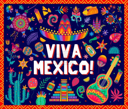 Illustration for Viva mexico banner with sombrero, tropical flowers, pinata and guitar. Vector greeting card in traditional alebrije style with national landmarks as pyramid, maracas, cacti flowers, tequila, tex mex - Royalty Free Image