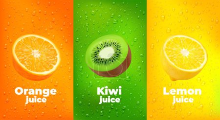 Illustration for Water drops fruit juice background with orange, kiwi and lemon fruits. Vector vertical banners with realistic 3d tropical plant halves and scatter dews. Templates for drink, lemonade or cocktail ads - Royalty Free Image