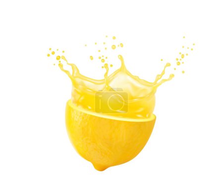 Illustration for Lemon juice splash, lemonade explosion. Isolated 3d vector realistic burst of citrusy refreshment. Yellow ripe citrus fruit explode with liquid that invigorates the senses and quenches thirst - Royalty Free Image