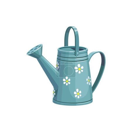Illustration for Cartoon watering can, isolated vector tin container with a handle, spout and cute flowers pattern. Fundamental tool for nurturing gardens and potted plants used for gently pouring water onto plants - Royalty Free Image