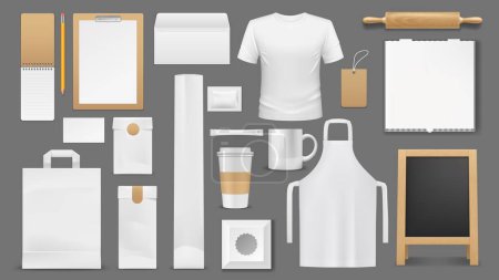 Illustration for Kitchen tools, cooking equipment and chef apparel template mockups. Cooking identity. Restaurant branding vector templates with t-shirt, apron, packaging packets and menu page 3d realistic mockup - Royalty Free Image