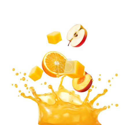 Illustration for Orange fruit juice mix splash. Isolated realistic 3d vector fresh vitamin drink whirl with droplets, ripe peach, citrus, apple halves and mango dice with liquid transparent refreshing corona splatters - Royalty Free Image