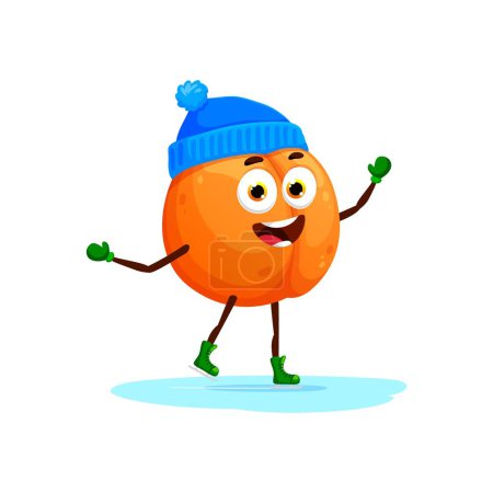 Téléchargez les illustrations : Peach personnage de patinage sur glace, Noël personnage de dessin animé de fruits de vacances. Vector émoticône mignon patineur pêche s'amuser sur la patinoire avec le visage heureux, sourire joyeux. Noël hiver activités de plein air emoji - en licence libre de droit